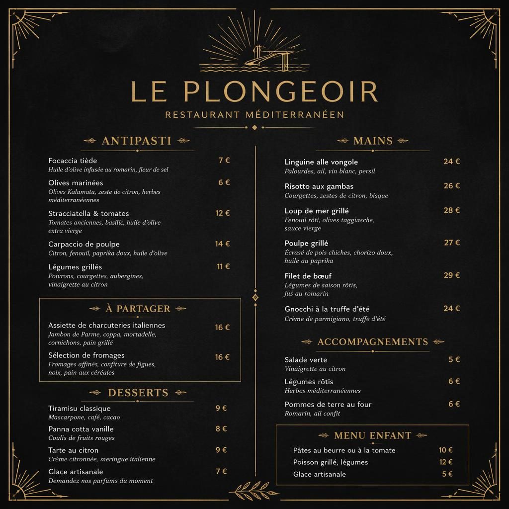 Carte de cocktails A4 en portrait pour restaurant le plongeoir, style ardoise noir et or avec en-tête décoratif et prix.