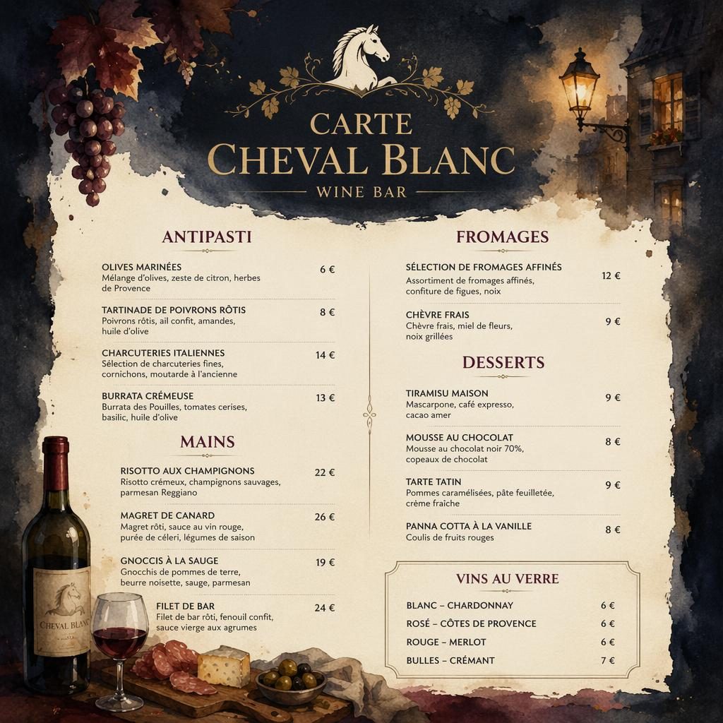 Carte de vins A4 portrait pour Cheval Blanc, style aquarelle cosy, palette sombre, en-tête décoratif et colonne de prix.