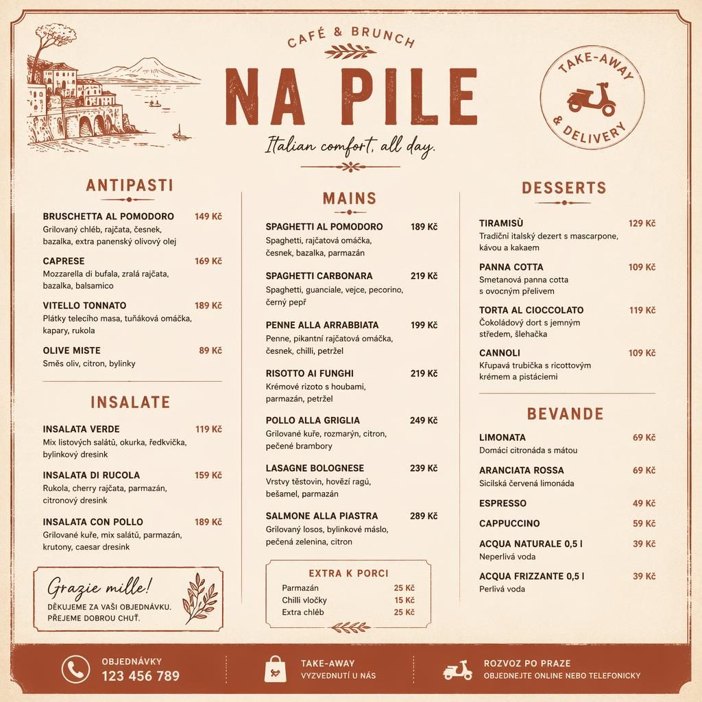 Rustikální jídelní lístek A4 na výšku pro na pile menu v teplých krémových a rezavých tónech s cenovým sloupcem.
