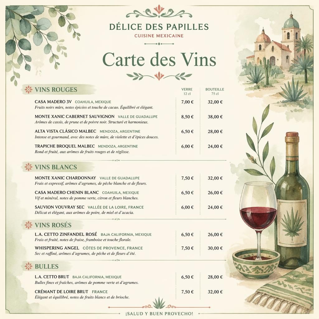 Carte des vins mexicaine A4 en portrait, style aquarelle cosy vert sauge et ivoire, avec en-tête décoratif et prix.