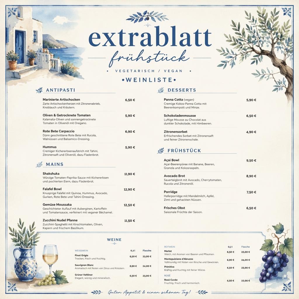 A4-Menükarte als Weinliste in Aquarelloptik, mediterran in Blau und Creme mit Überschriften, Preisen und Dekoheader.