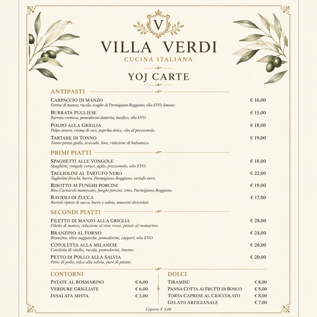 Carte de menu italienne A4 en portrait, style luxe, palette terre chaude, en-tête décoratif, sections et colonne de prix.