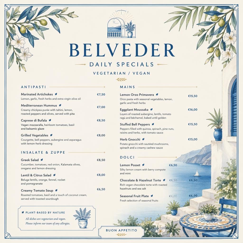 A4 jídelní karta belveder menu v modro-krémové paletě, tropický dekor, sekce jídel, ceny a ozdobná hlavička.