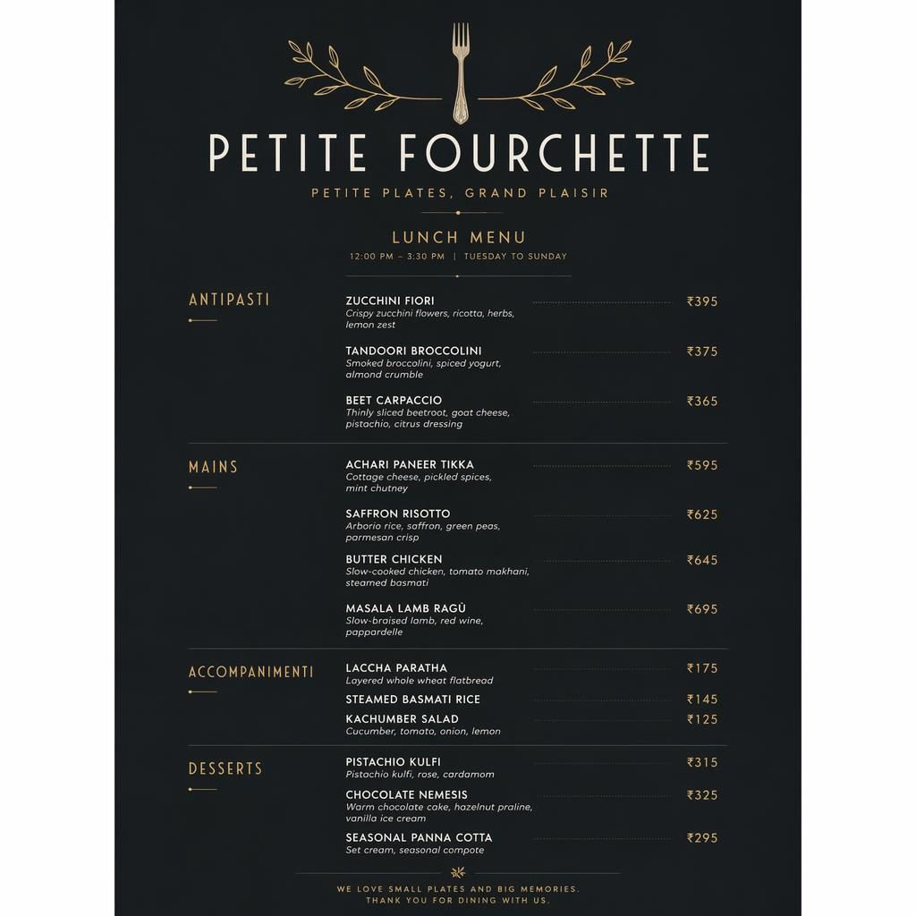 Carte de menu déjeuner indienne A4 en portrait, style suisse minimaliste, palette sombre, colonnes de plats et prix.