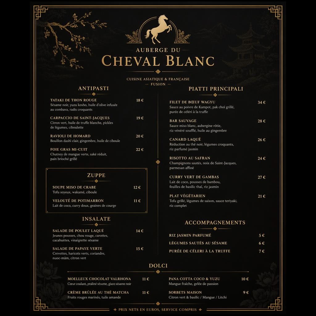 Carte de menu A4 verticale noir et or, style gastronomie asiatique fusion, avec en-tête décoratif, rubriques et colonne de prix.