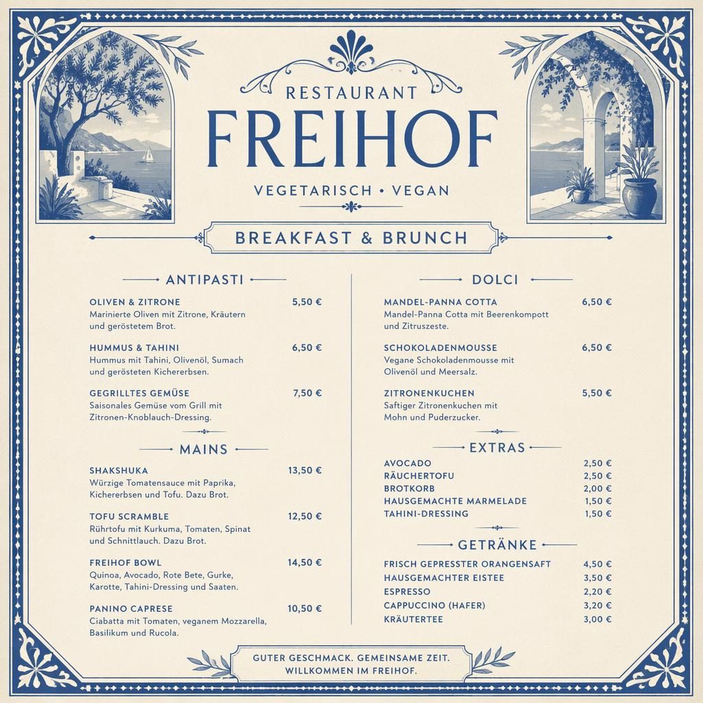 A4-Menükarte für Restaurant Freihof im Vintage-1920er-Stil in Blau und Creme mit Frühstücks- und Brunchgerichten