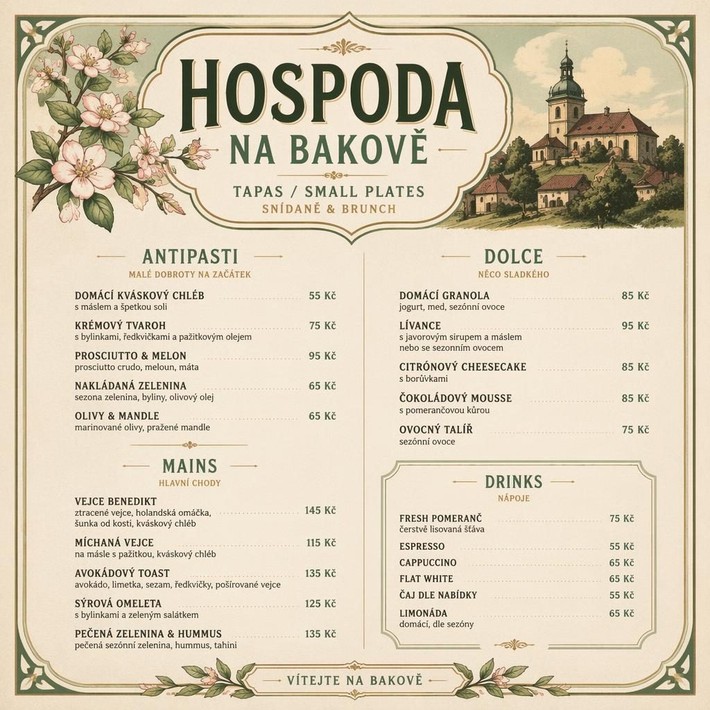 A4 menu karta na výšku pro hospoda na bakově ve stylu 20. let, jarní paleta, ozdobné záhlaví, sekce a ceny.