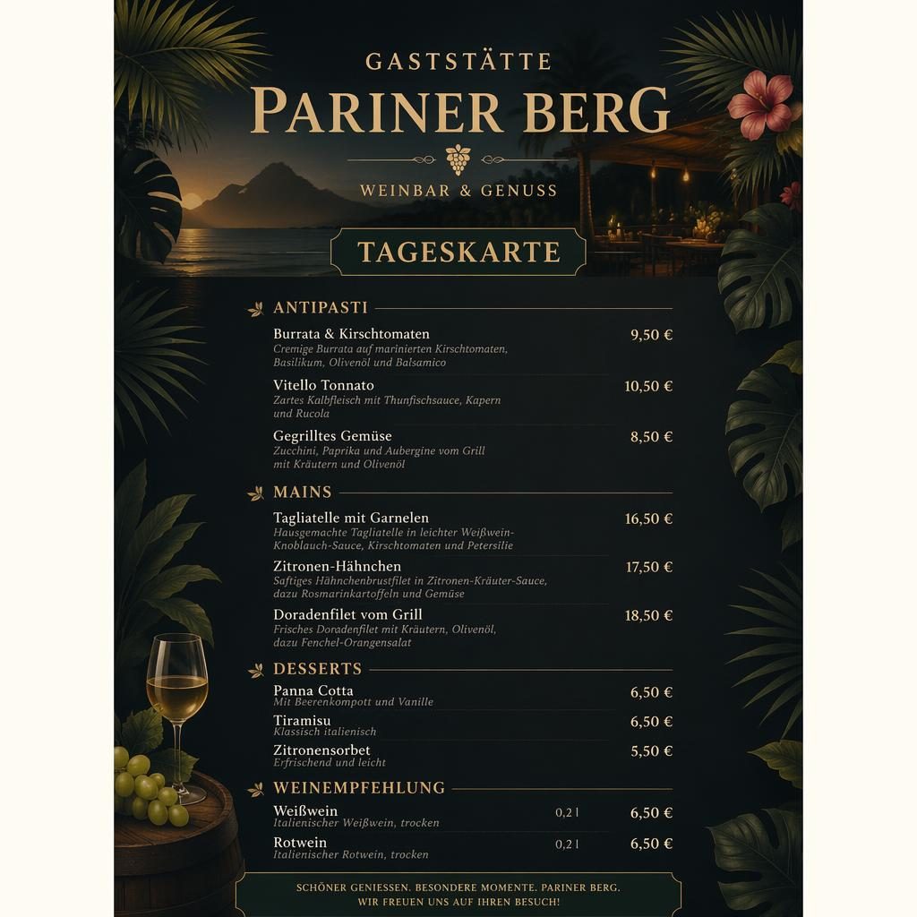 A4-Menükarte für Gaststätte Pariner Berg im dunklen Tropical-Resort-Look mit Rubriken, Platzhaltertext und Preisspalte