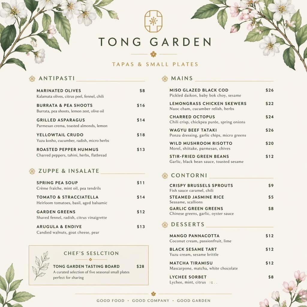 A4 portrait luxury dinner menu card for Tong Garden with decorative header, placeholder dish typography and price column.