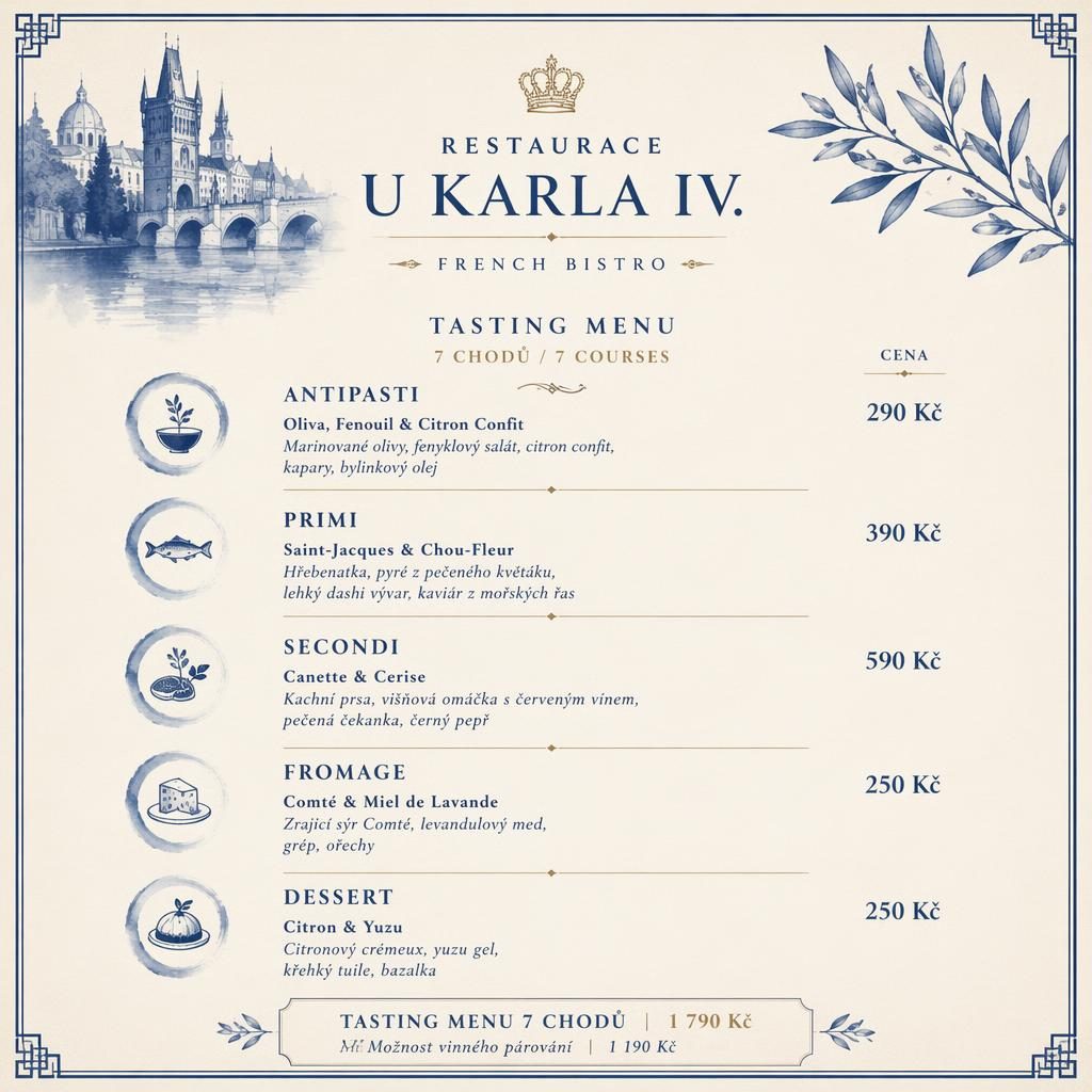 A4 menu karta na výšku pro restaurace u karla iv, modro-krémová paleta, dekorativní hlavička, sekce jídel a ceny.