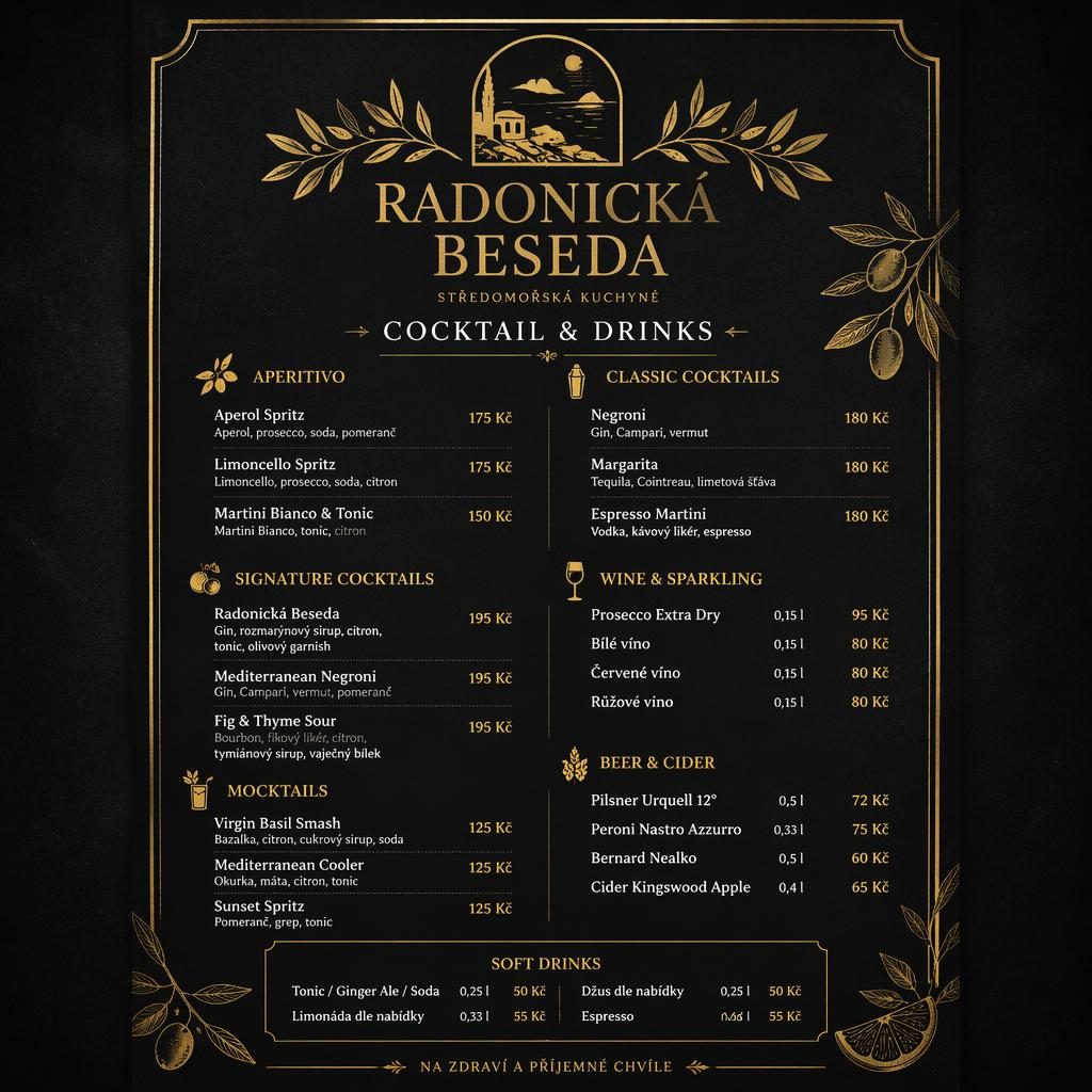 A4 koktejlový menu card pro Radonicka beseda v černo-zlatém chalkboard stylu s dekorativní hlavičkou a cenami.