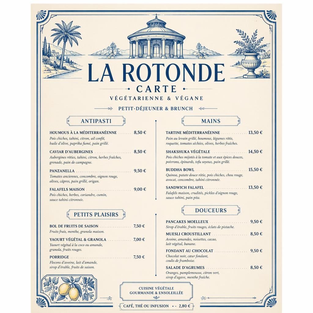 Carte de menu brunch végétarien et vegan en format A4 portrait, style années 1920, tons bleu méditerranéen et crème.