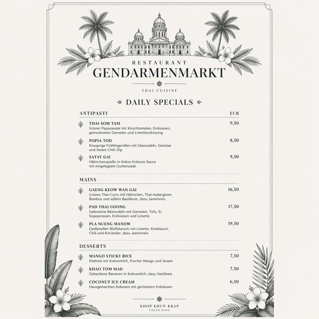 A4-Menükarte im Hochformat für Restaurant Gendarmenmarkt, tropisch-minimal, monochrom mit Preisen und Rubriken