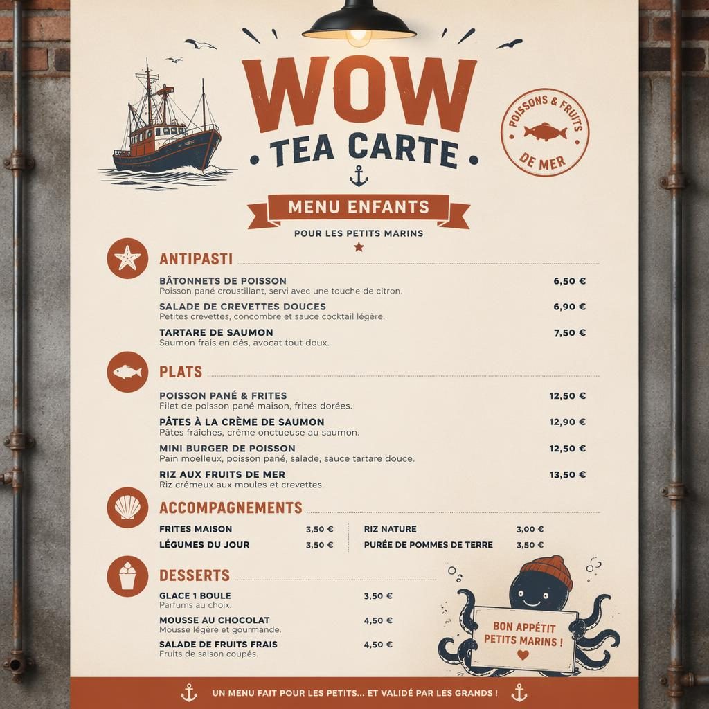 Carte menu enfant A4 portrait pour wow tea carte, style loft industriel crème chaud et rouille, rubriques, plats et prix.