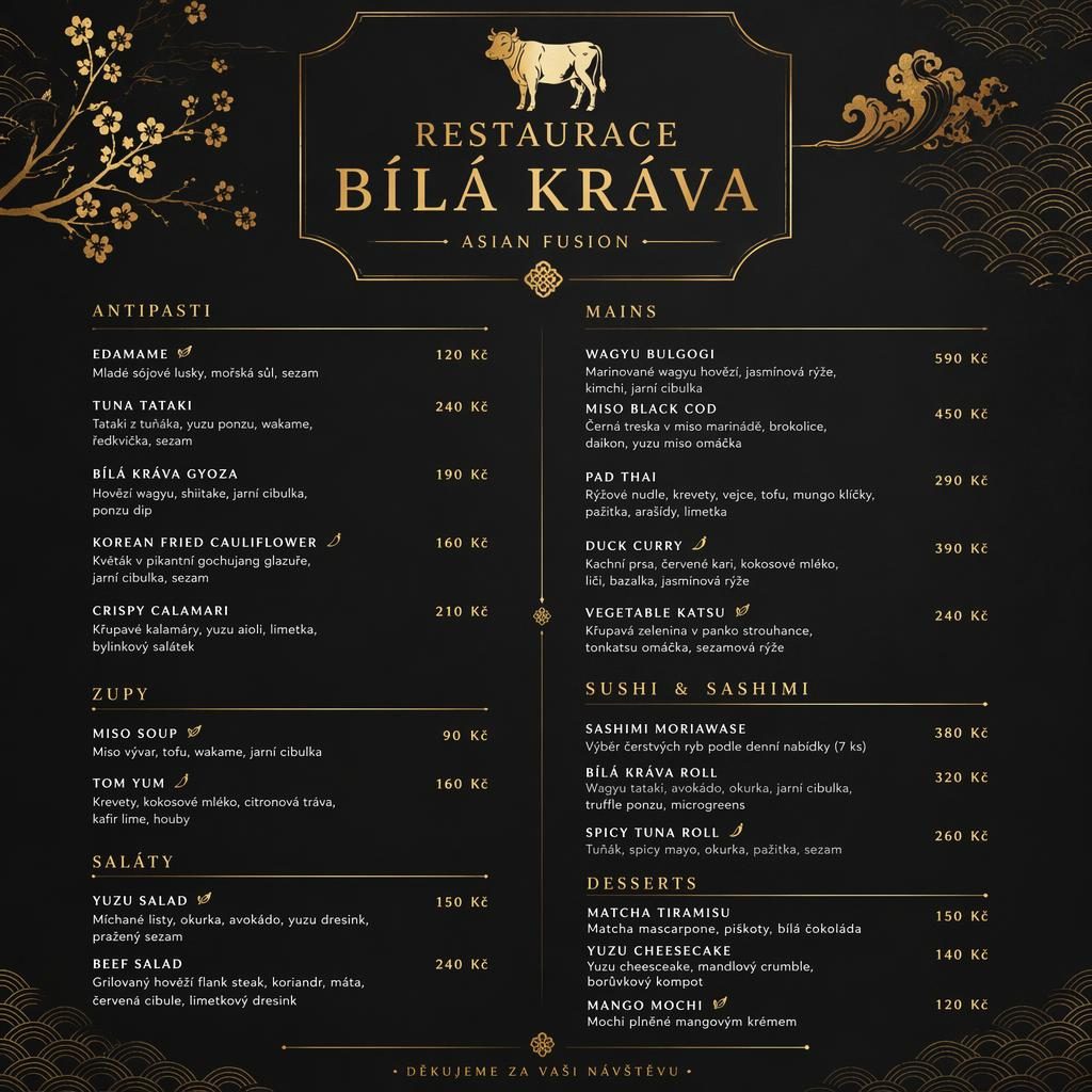 Luxusní menu karta A4 pro restaurace bílá kráva v černo-zlaté paletě s dekorativní hlavičkou a cenami