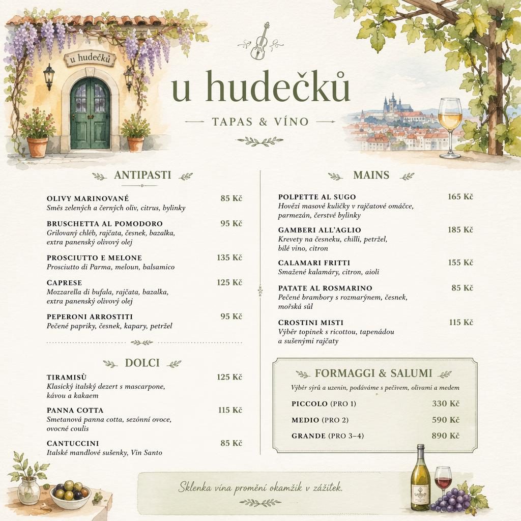 A4 vinný lístek U Hudečků v akvarelovém stylu, jarní paleta, dekorativní záhlaví, sekce, ceny a zástupný text jídel.