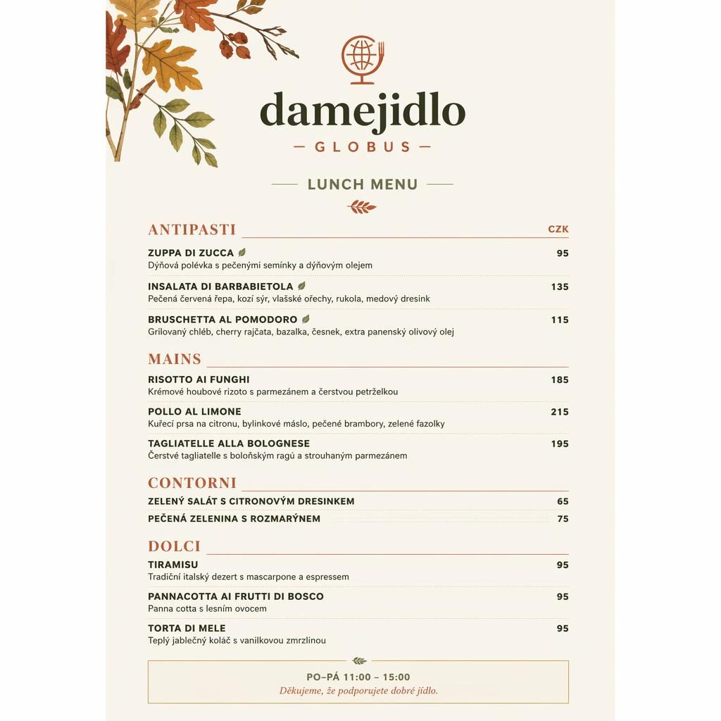 Tisková karta obědového menu A4 na výšku pro damejidlo globus, minimalistický švýcarský styl, podzimní paleta a sloupec cen.