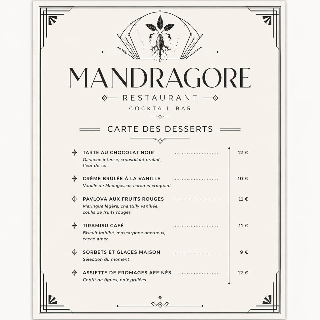 Carte de desserts A4 en portrait, style art déco monochrome, avec en-tête décoratif, rubriques, faux textes et colonne de prix.
