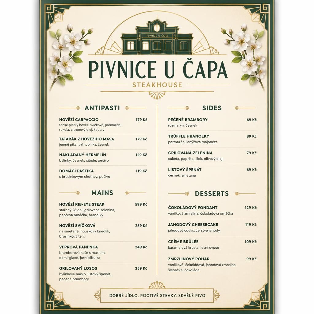 Tisková A4 karta dezertního menu pro pivnice u capa v art deco stylu, jarní paleta, dekorativní záhlaví a sloupec cen.