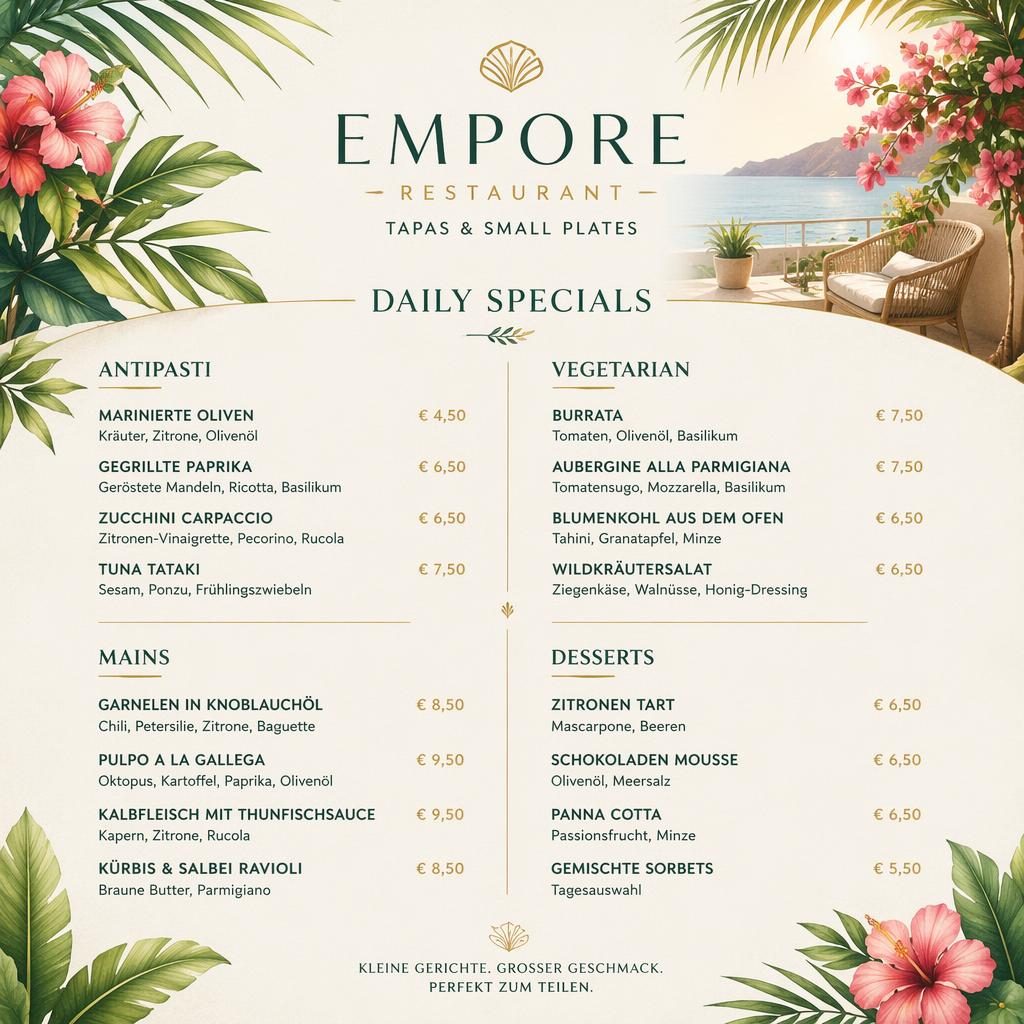 A4-Menükarte für empore restaurant im tropischen Resort-Stil mit Tagesempfehlungen, Rubriken, Platzhaltertext und Preisspalte