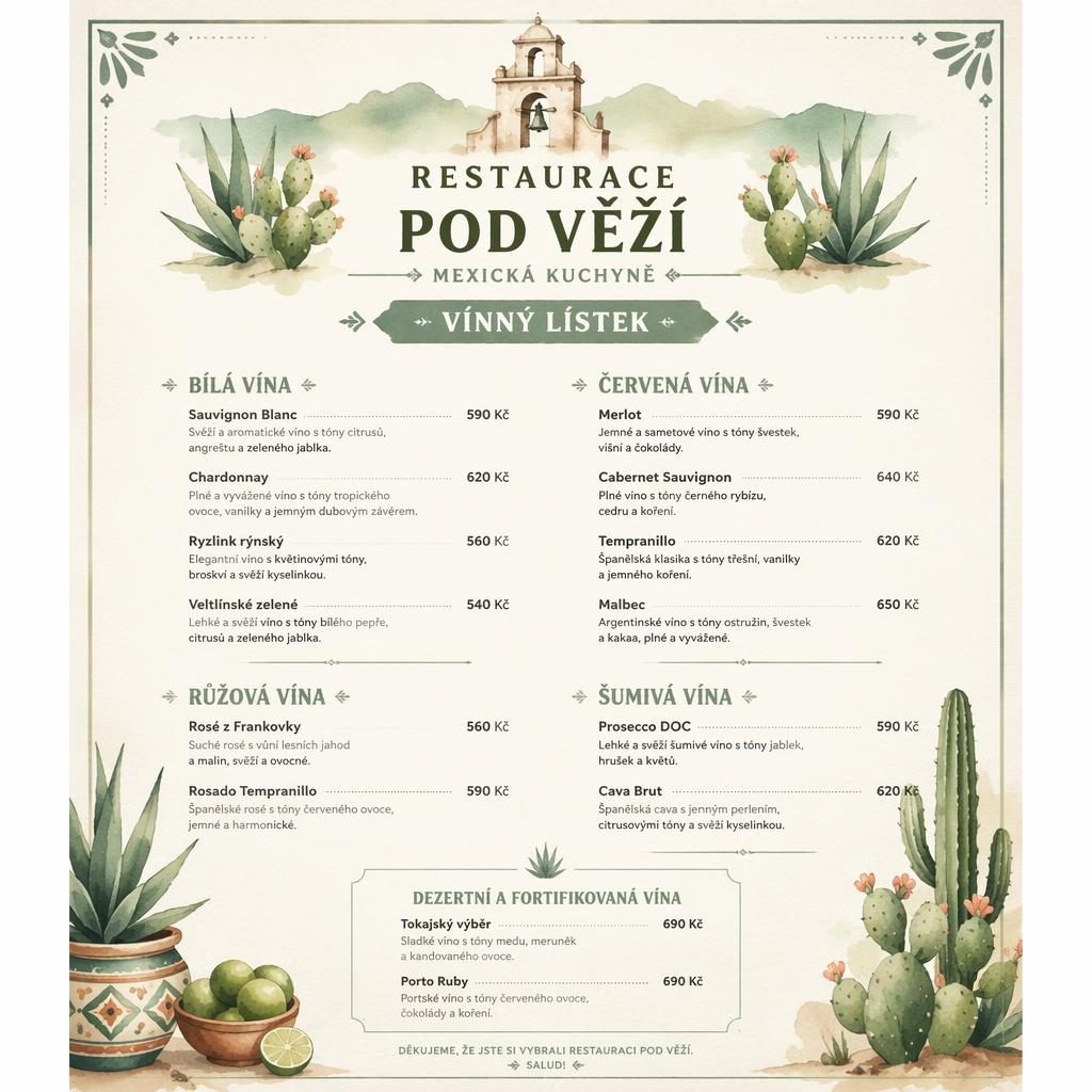 Akvarelový vinný lístek A4 pro restaurace pod vezi v odstínech šalvěje a slonové kosti s cenovým sloupcem
