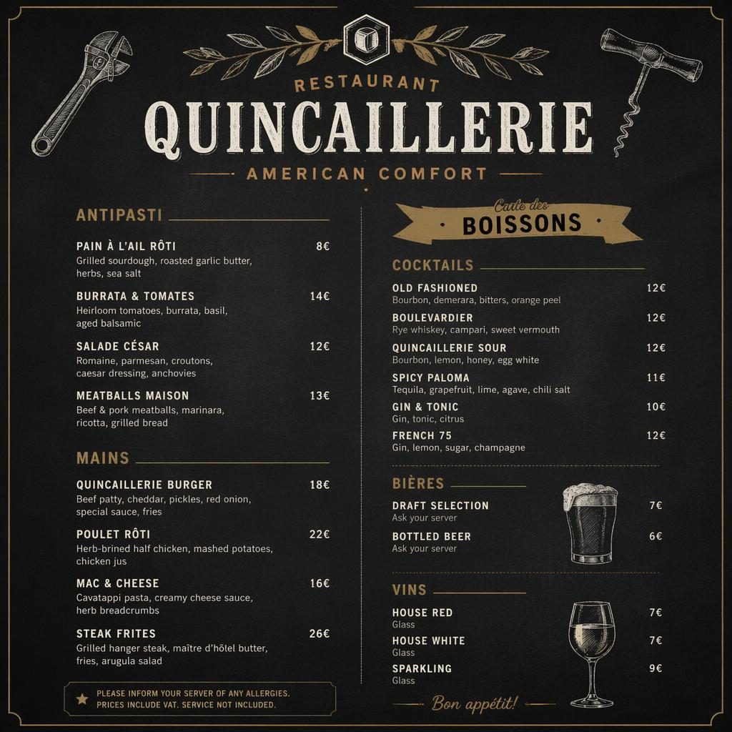 Carte de cocktails A4 en portrait, style ardoise café, palette terre chaude, en-tête décoratif et colonne de prix.