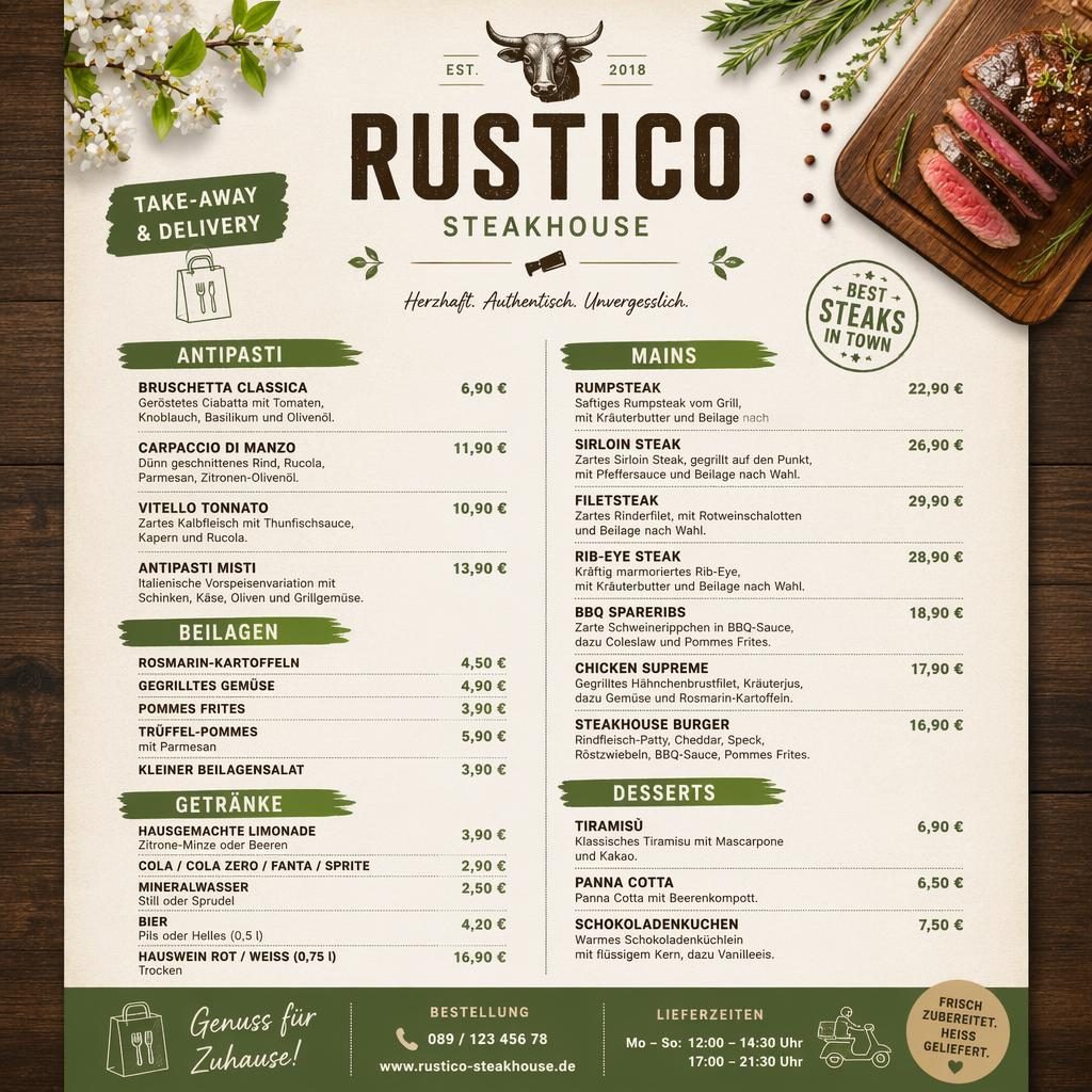 A4-Menükarte im Steakhouse-Stil mit rustikal-warmer Frühlingspalette, dekorativem Header, Rubriken und Preisspalte.