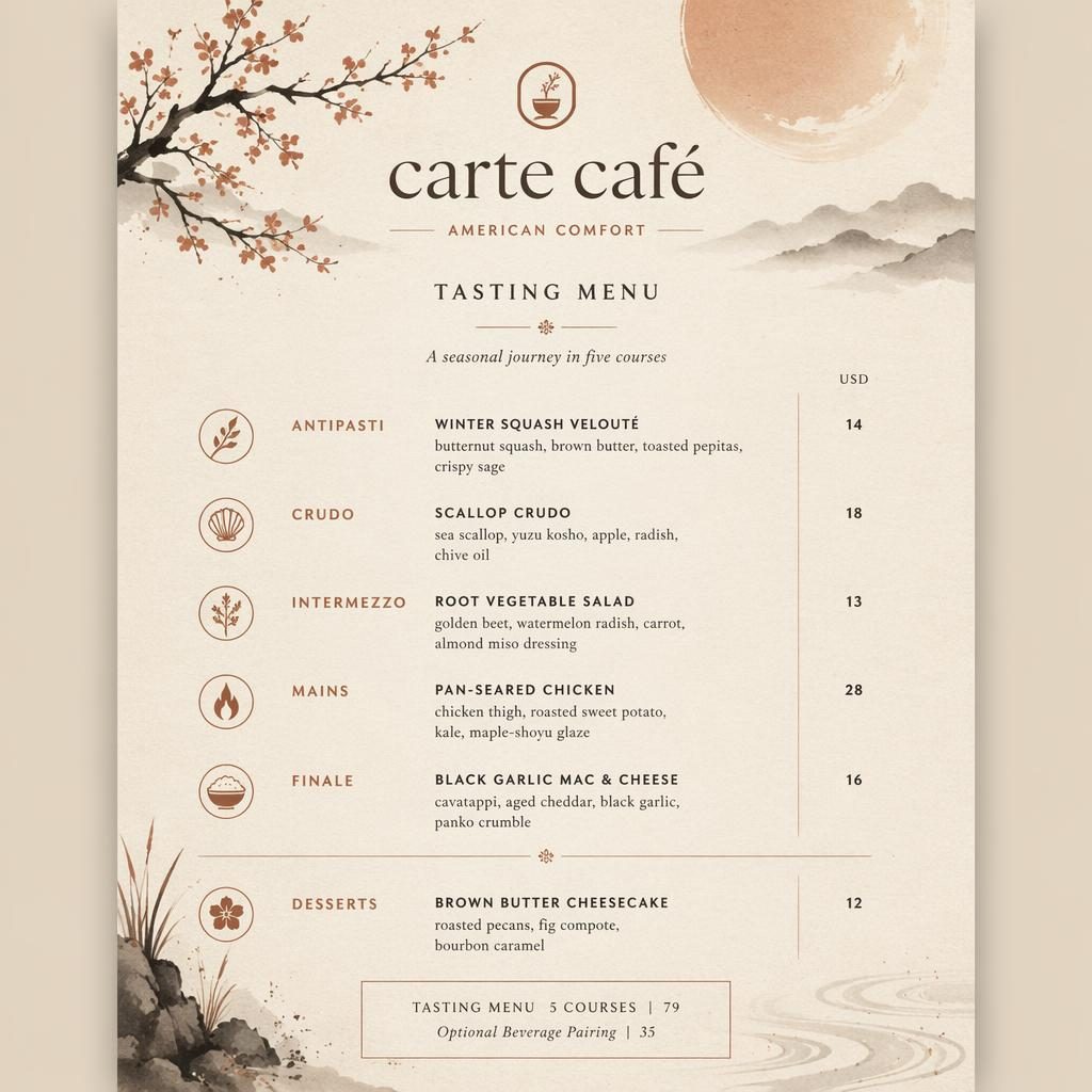 Carte café A4 portrait style kaiseki japonais, palette terre chaude, en-tête décoratif, sections menu et colonne de prix.