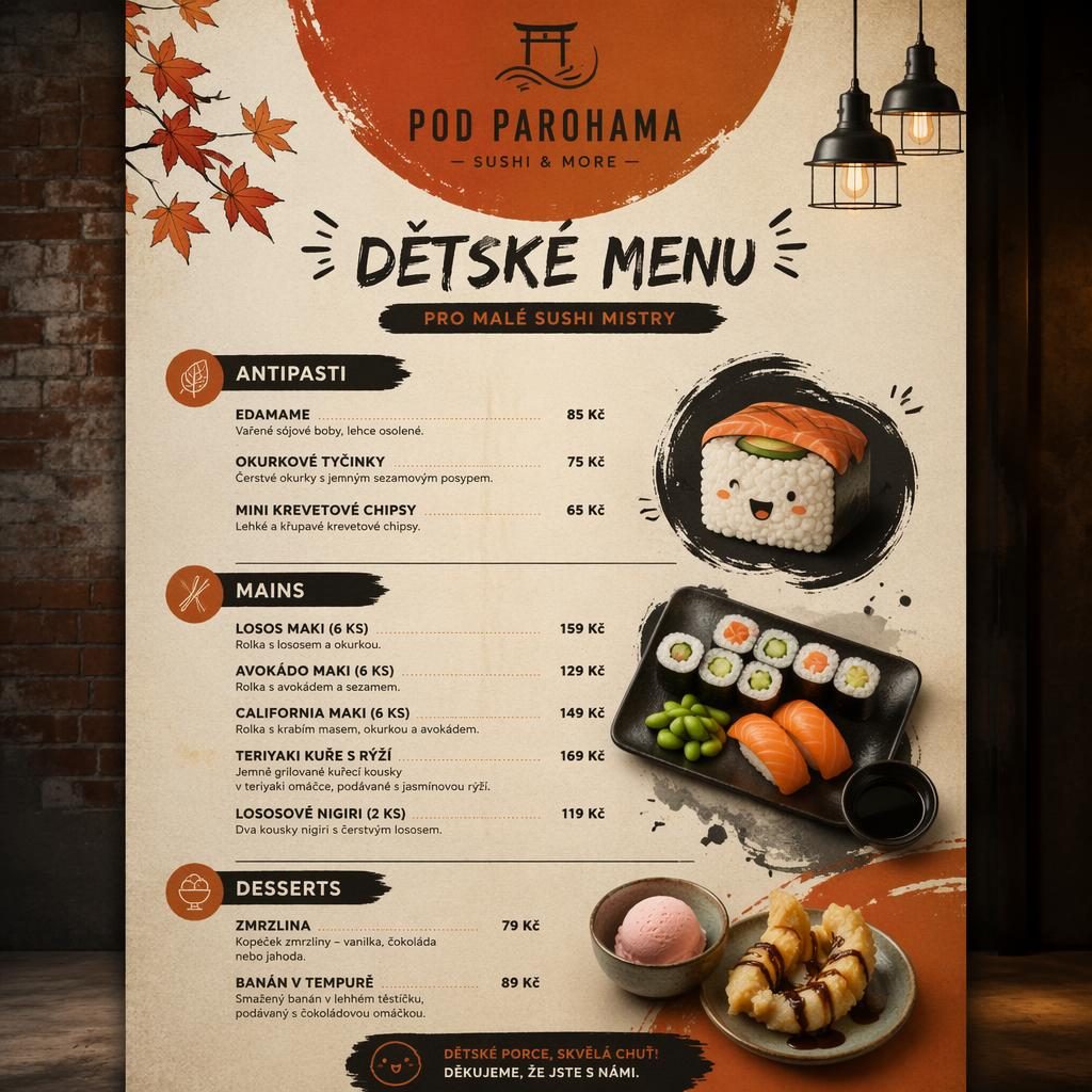A4 dětské sushi menu Pod parohama v industriálním loft stylu, podzimní paleta, dekorativní hlavička a ceny.