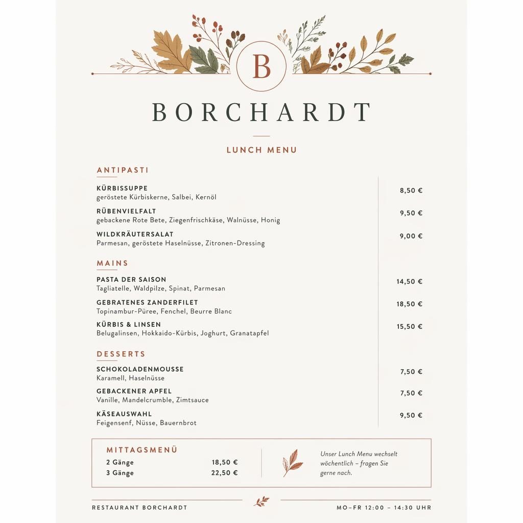 A4-Menükarte für Restaurant Borchardt im minimalistischen Swiss-Design mit Herbstfarben, Rubriken, Platzhaltertext und Preisen.