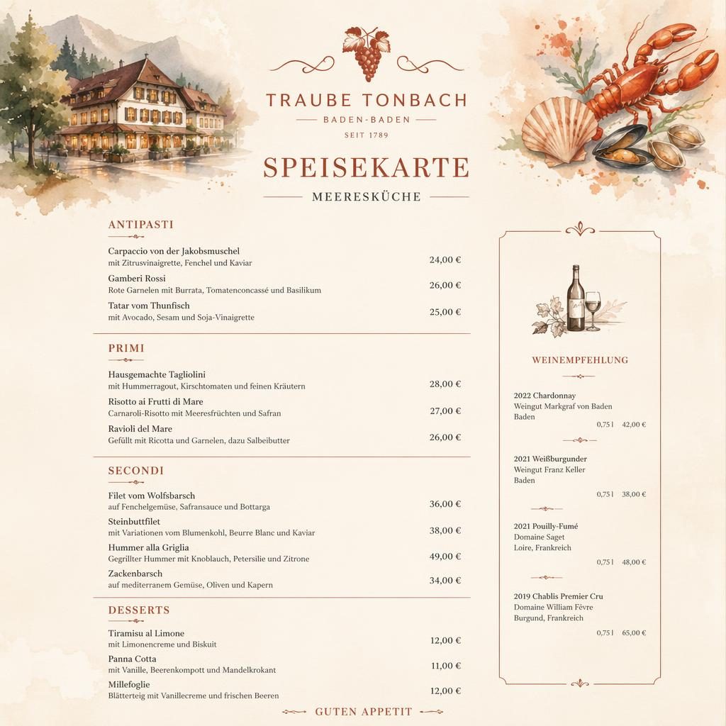 A4-Weinkarte in Aquarelloptik mit creme-roter Farbpalette, dekorativem Kopfbereich, Platzhaltertext und Preisspalte