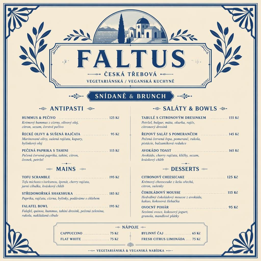 Vintage menu karta A4 pro faltus česká třebová v modro-krémové paletě s dekorativní hlavičkou, sekcemi a cenami.