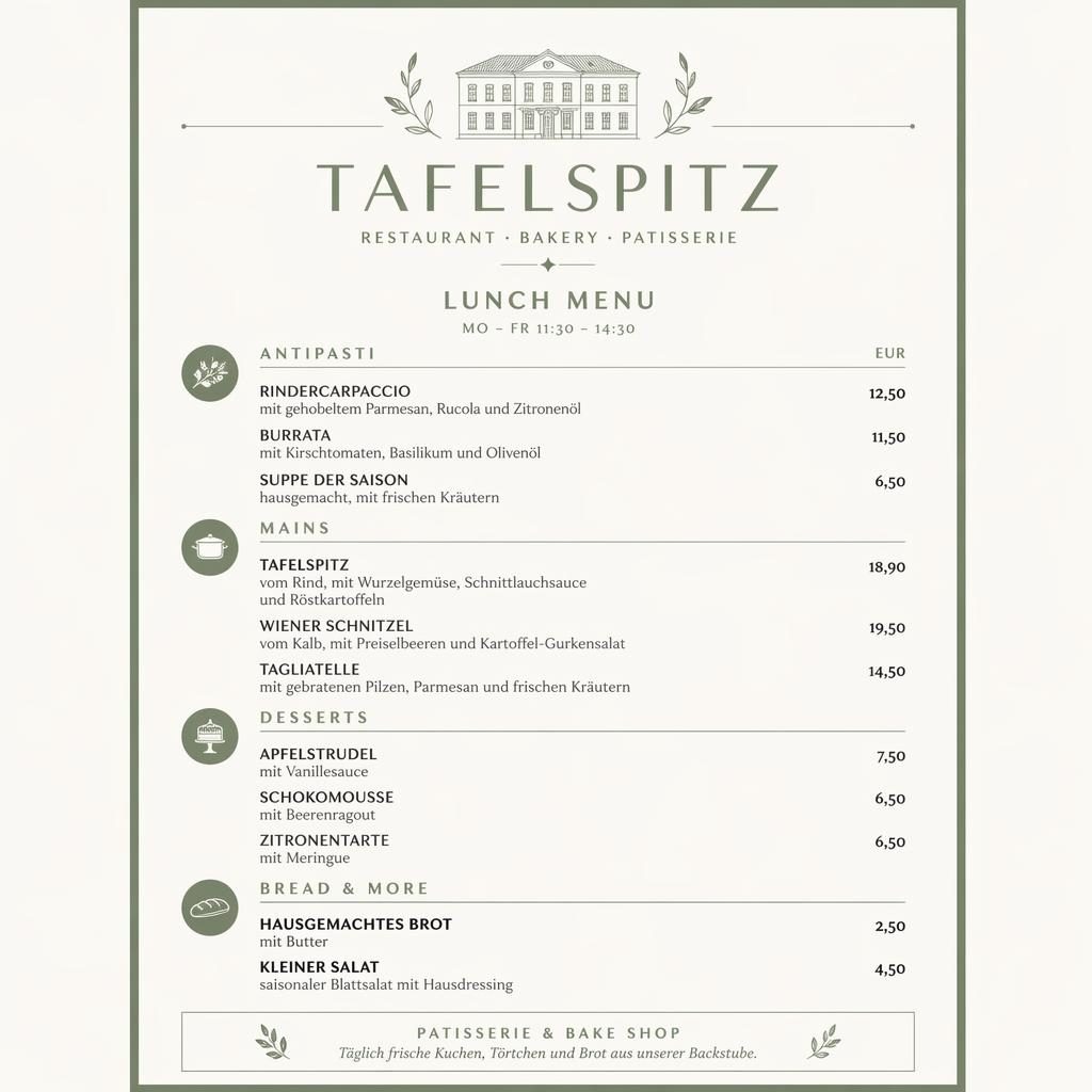 A4-Menükarte für Restaurant Tafelspitz im minimalistischen Swiss-Stil in Salbei und Elfenbein mit Rubriken, Speisen und Preisen.