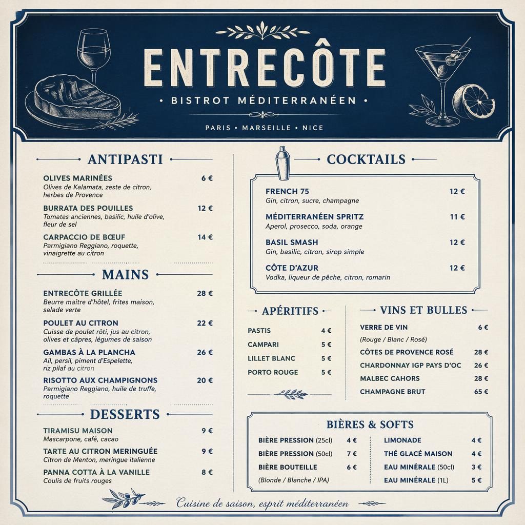 Carte de cocktails A4 portrait style ardoise, bleu méditerranéen et crème, avec en-tête décoratif et colonne de prix.