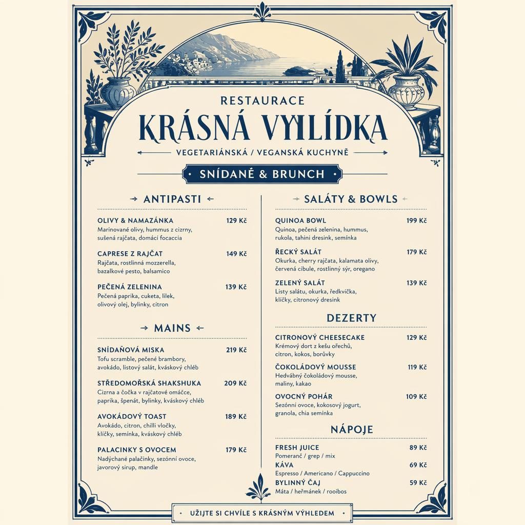 A4 menu karta pro restaurace krásná vyhlídka ve stylu 20. let, modro-krémová, s veganským a vegetariánským brunchem