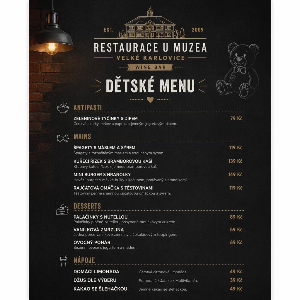 A4 dětský jídelní lístek pro wine bar v industriálním loft stylu, tmavá paleta, dekorativní hlavička a sloupec cen