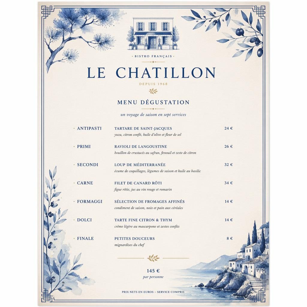 Carte de menu dégustation A4 portrait pour bistrot français, palette bleu méditerranéen et crème, style kaiseki.