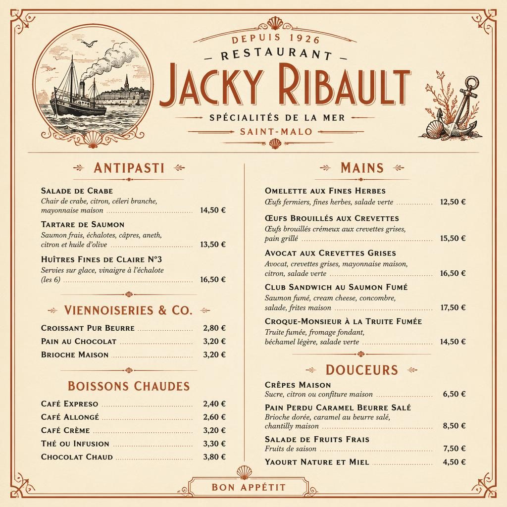 Carte de menu brunch A4 portrait style années 1920, crème et rouille, avec en-tête décoratif et colonne de prix.