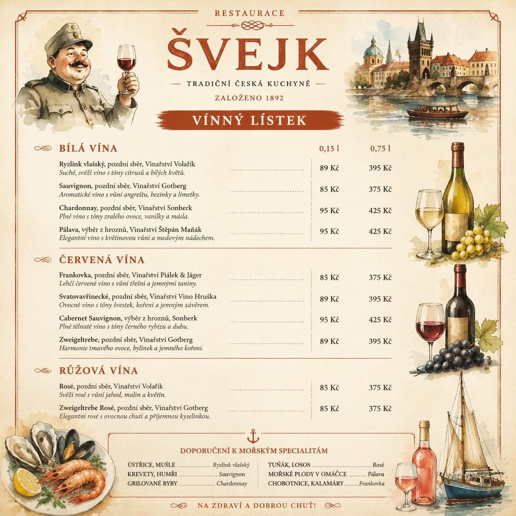 Akvarelový vinný lístek A4 na téma švejk menu v teplých krémových a rezavých tónech s dekorativní hlavičkou.