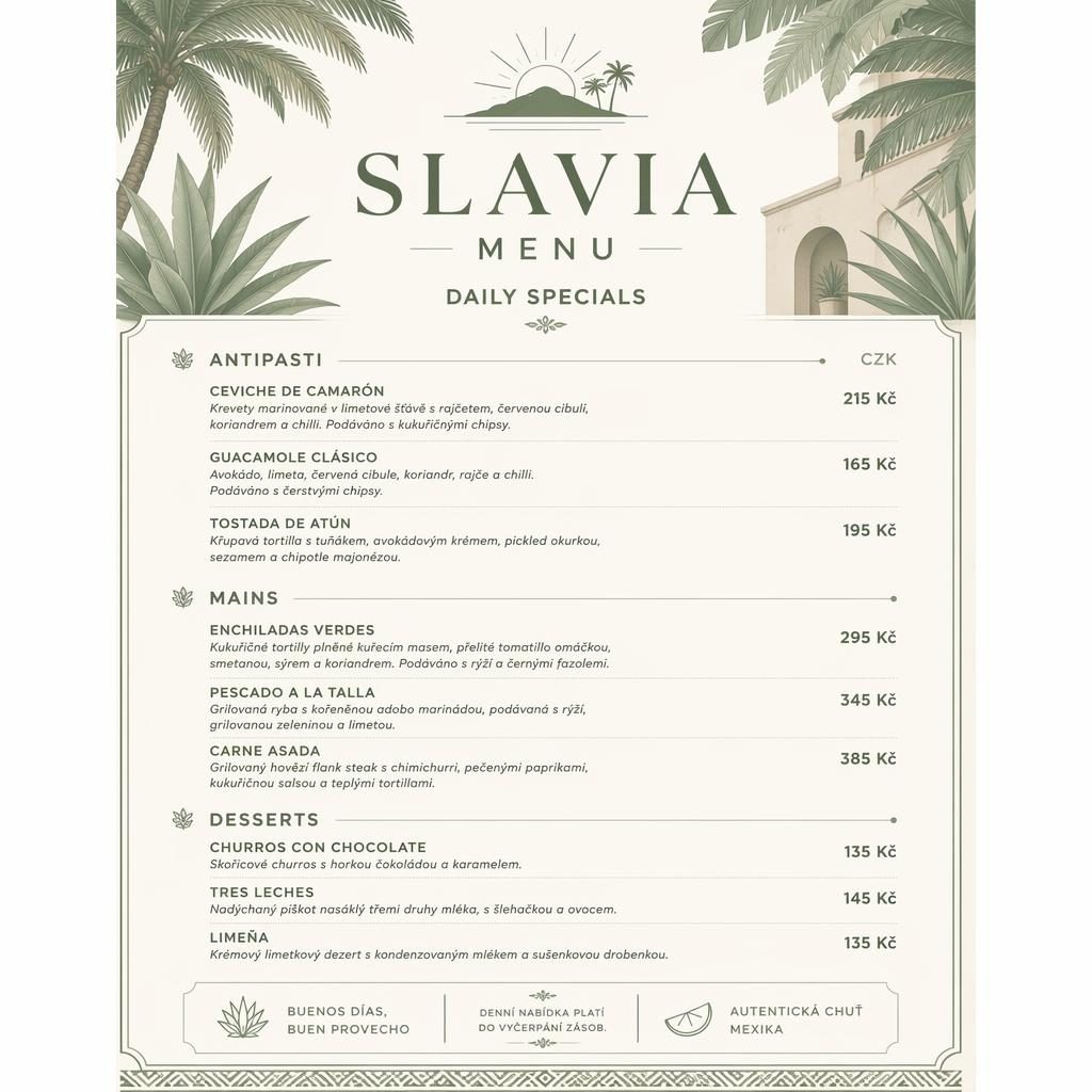 Tisková karta jídelního lístku A4 na výšku pro slavia menu, mexické denní menu v odstínech šalvějové a slonové kosti.