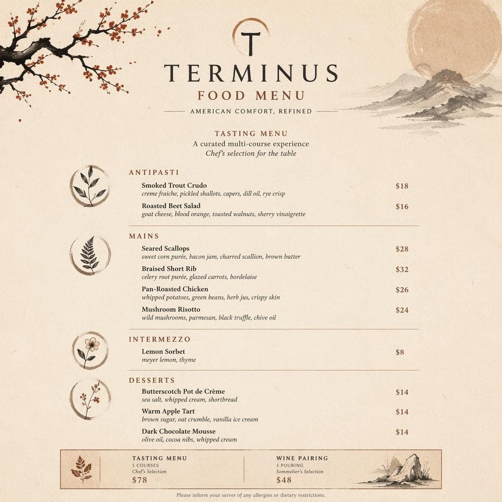 Carte de menu A4 portrait illustrée, style kaiseki japonais, palette terre chaude, en-tête décoratif et colonne de prix.