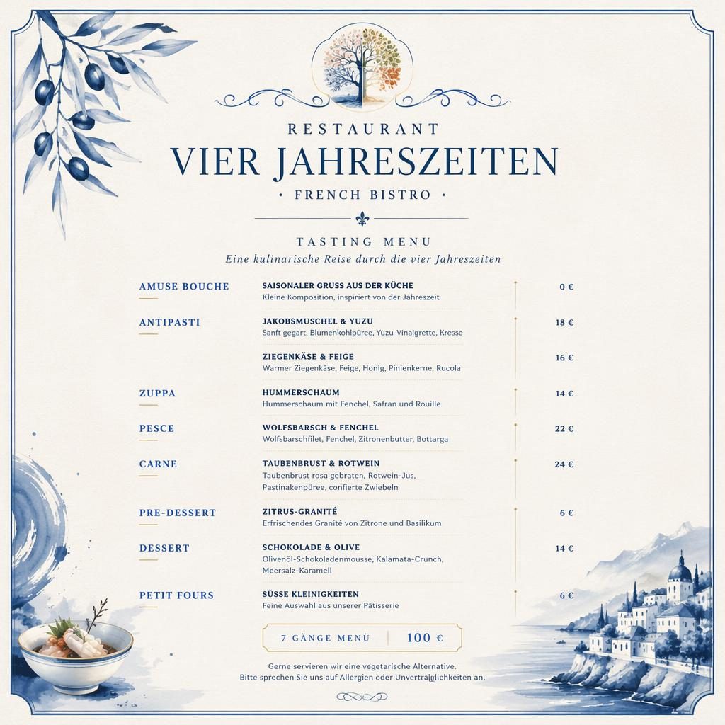 A4-Menükarte für Restaurant Vier Jahreszeiten im Kaiseki-Stil, Blau-Creme, dekorativer Kopf, Gänge, Preise.