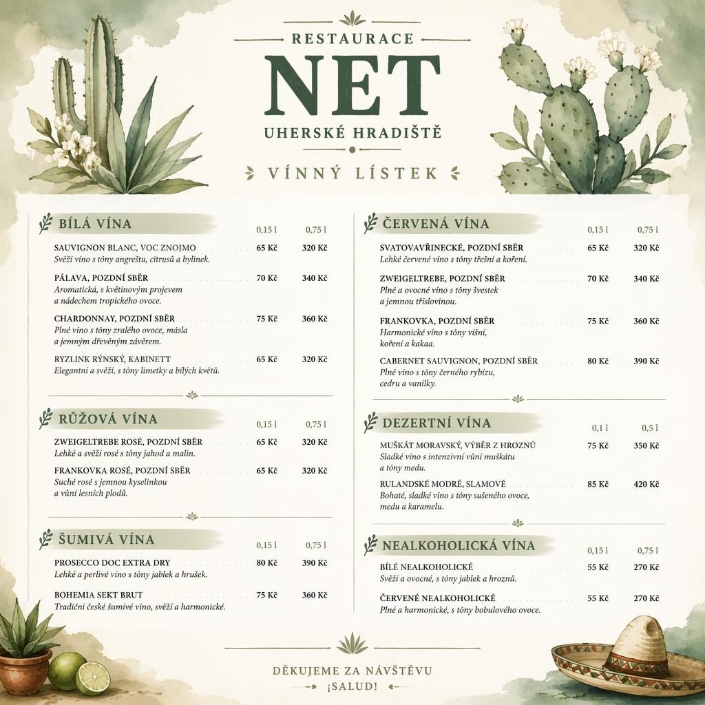 Akvarelový vinný lístek A4 na výšku pro mexickou restauraci v šalvějové a ivory paletě s dekorativní hlavičkou.