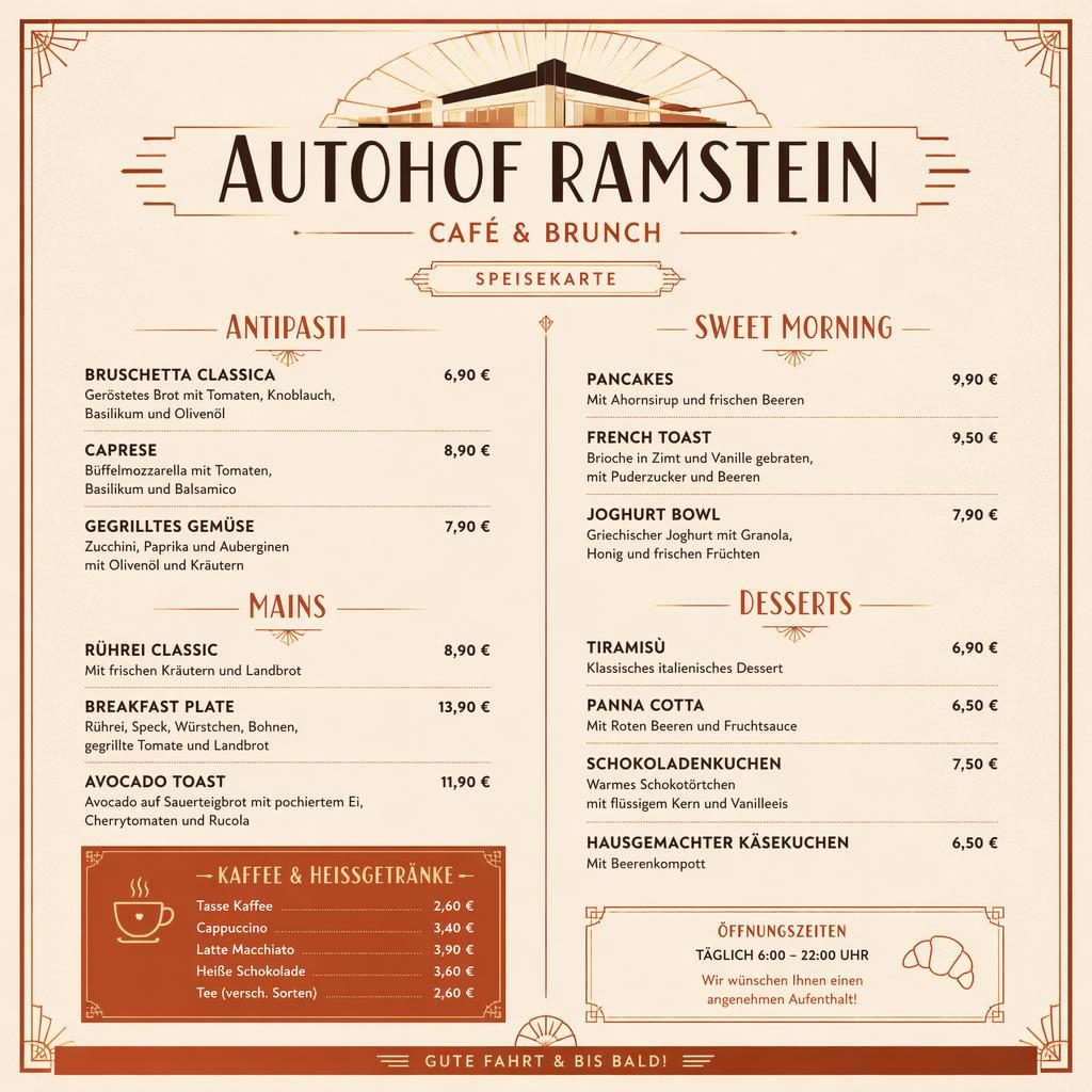 A4-Dessertkarte im Art-Déco-Stil in Creme und Rost mit Zierkopf, Platzhaltertext, Preisleiste und Café-Brunch-Look