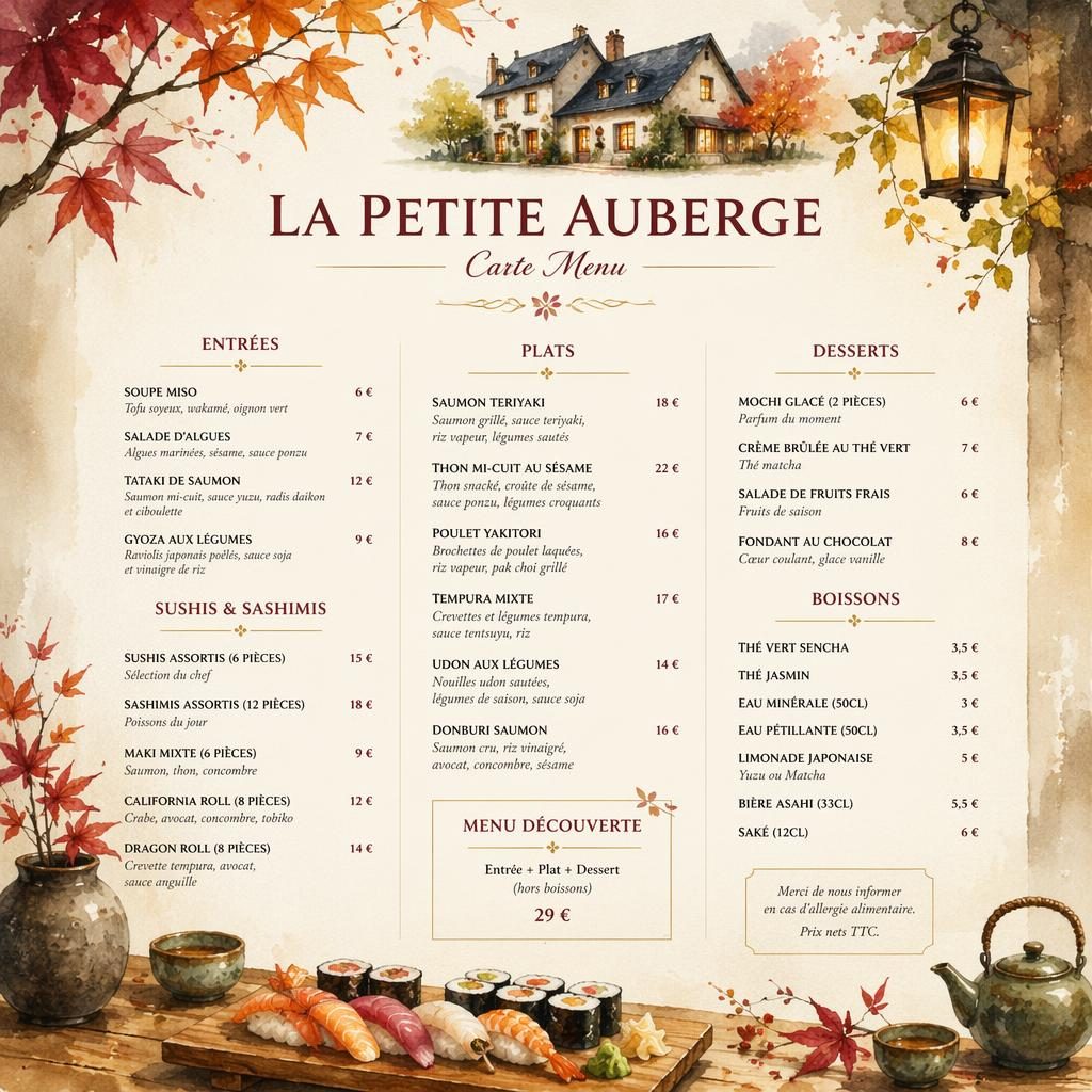 Carte des vins A4 en portrait pour la petite auberge carte menu, style aquarelle automnal cosy, avec en-tête décoratif.
