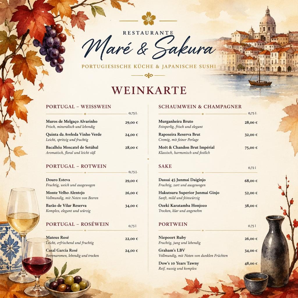 A4-Menükarte für ein portugiesisches Restaurant als Weinkarte, Aquarellstil, warme Herbstfarben, dekorativer Kopfbereich