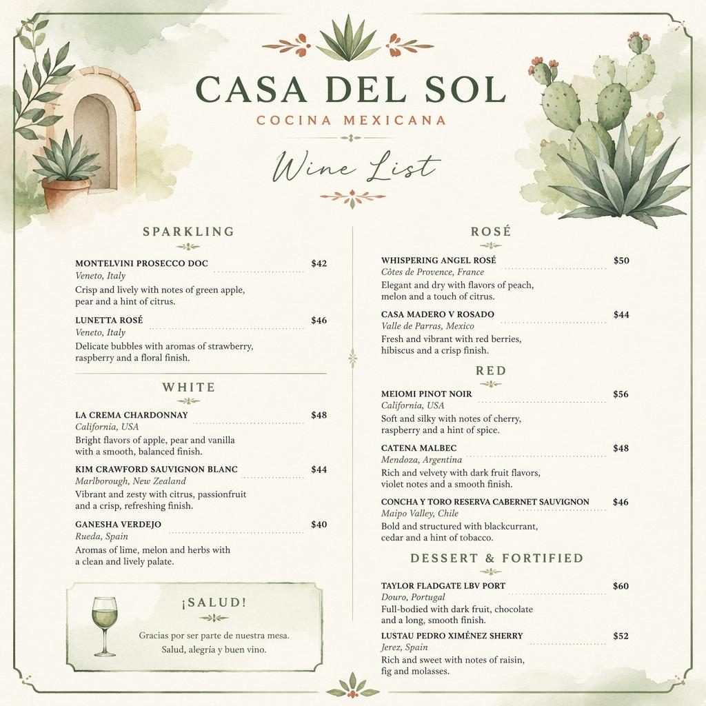 A4 portrait Mexican wine list menu card in watercolor style with sage and ivory palette, decorative header, sections and price column.