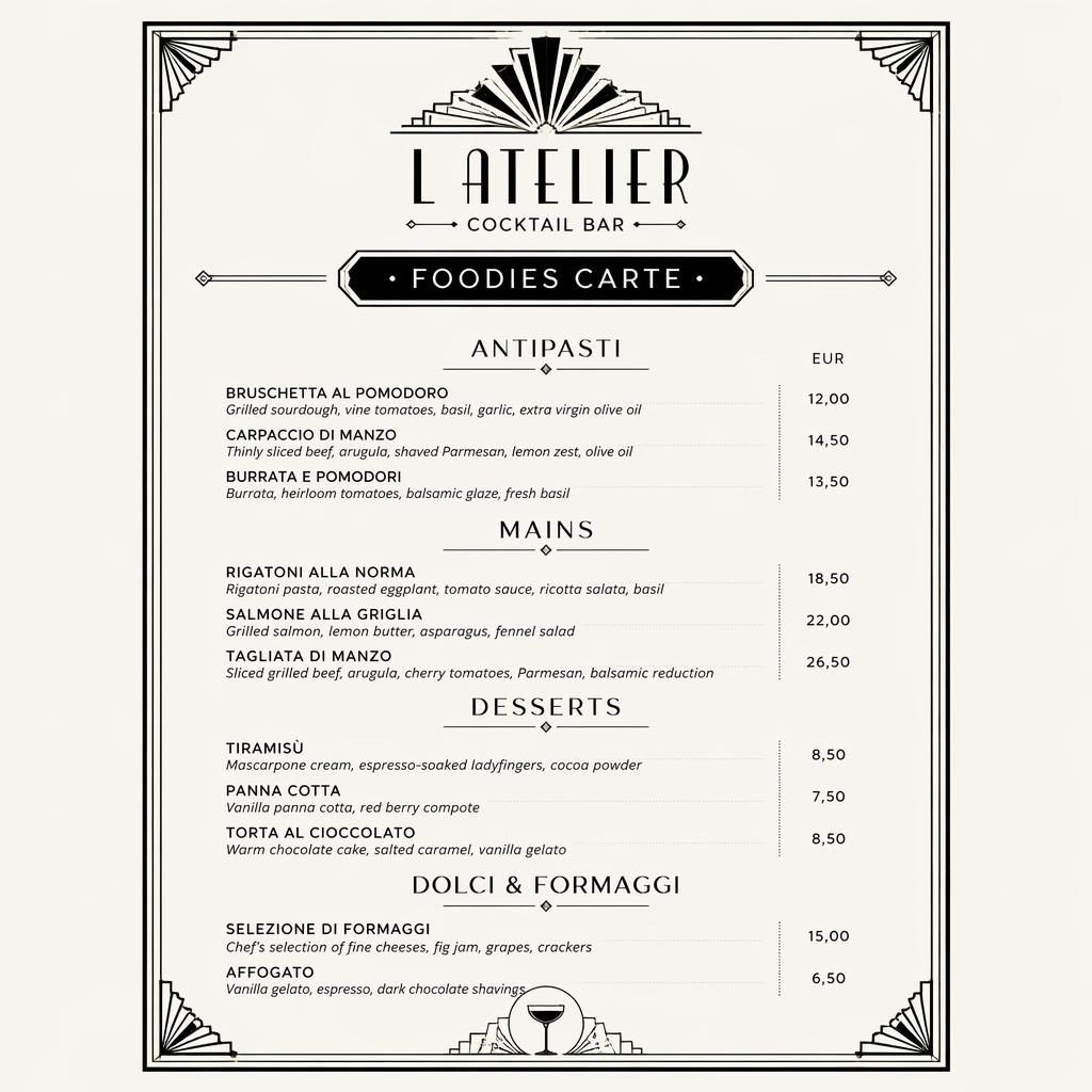 Carte de desserts A4 en style art déco monochrome, avec en-tête décoratif, typographie factice et colonne de prix.