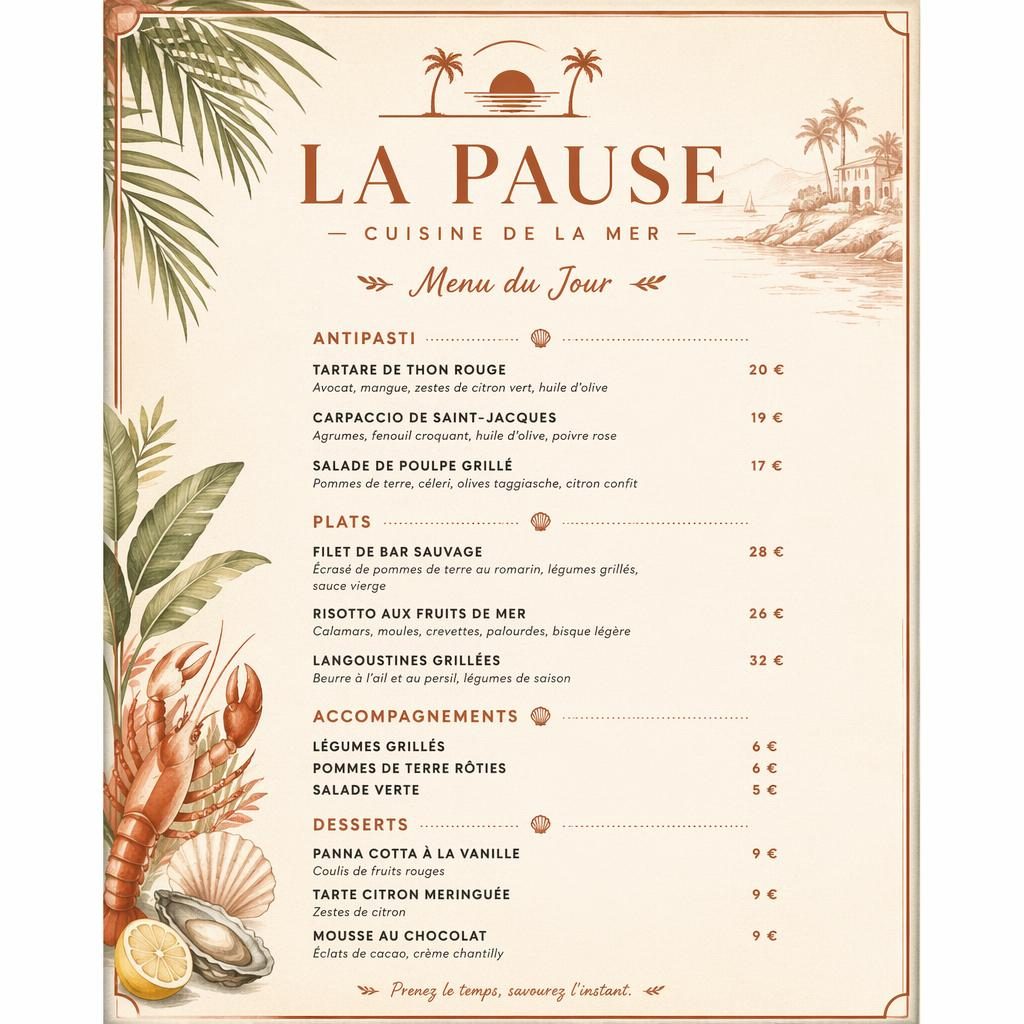 Carte de menu A4 portrait la pause menu, style resort tropical crème chaude et rouille, rubriques, plats et colonne de prix.