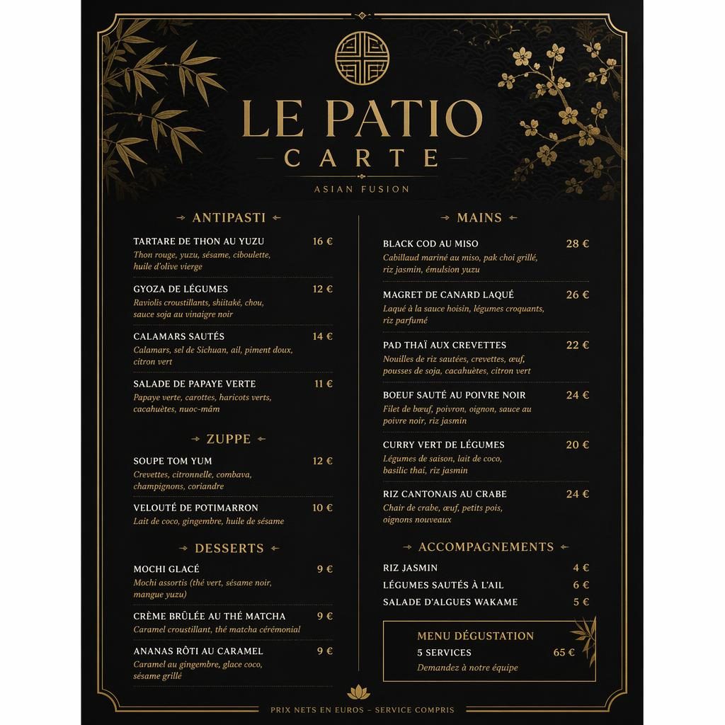 Carte de menu dîner A4 en portrait, style asiatique fusion luxe, fond noir et détails or avec sections et prix.